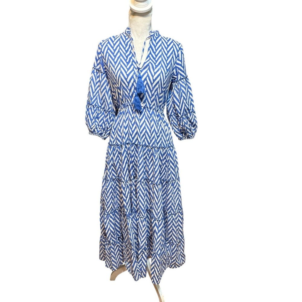 DZUBI Maxi Dress Shirt Block Print Blue White 3/4 Sleeve Tassel Size XS